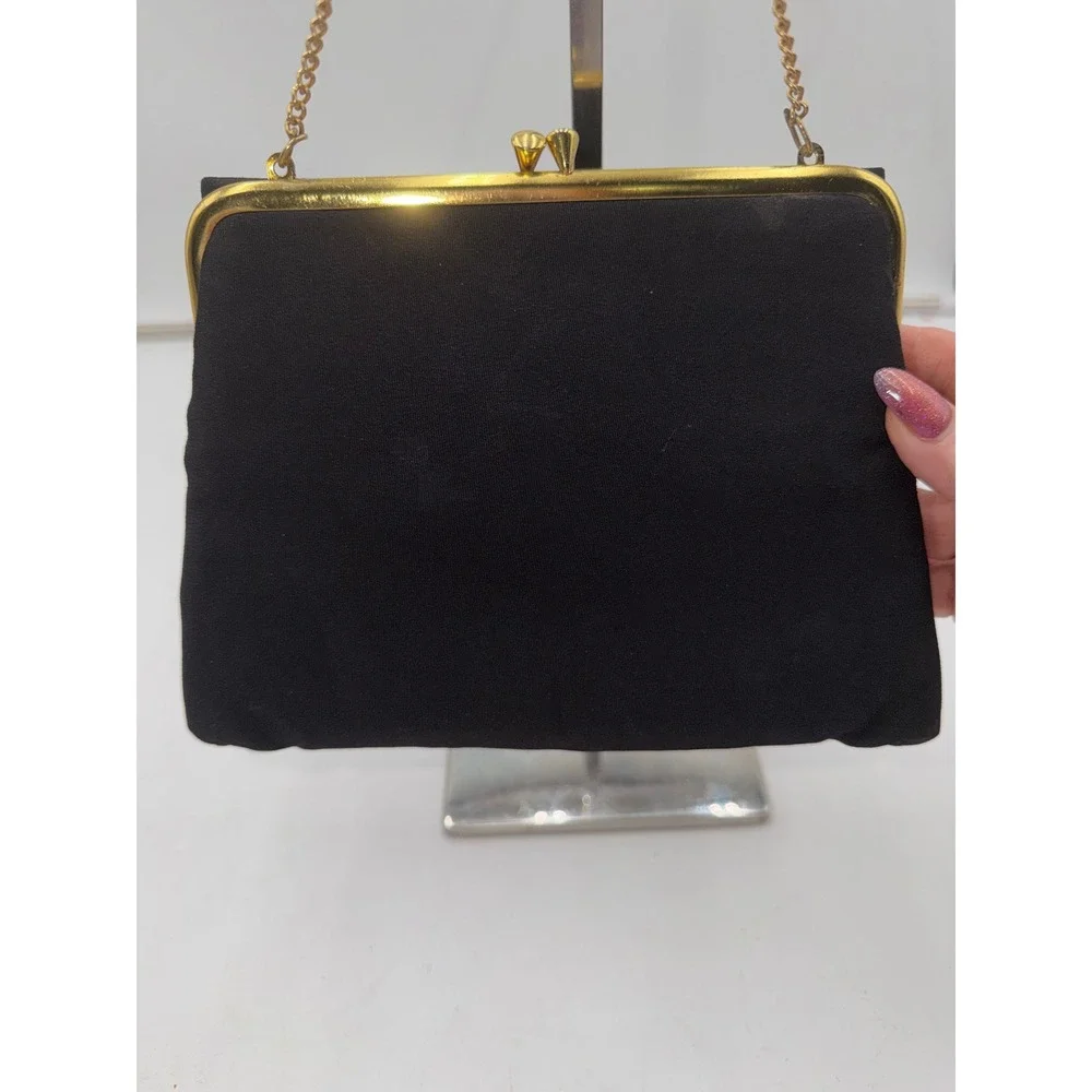 Peck & Peck Vintage Fifth Avenue Black Silk Crepe Bow Evening Bag Gold Chain